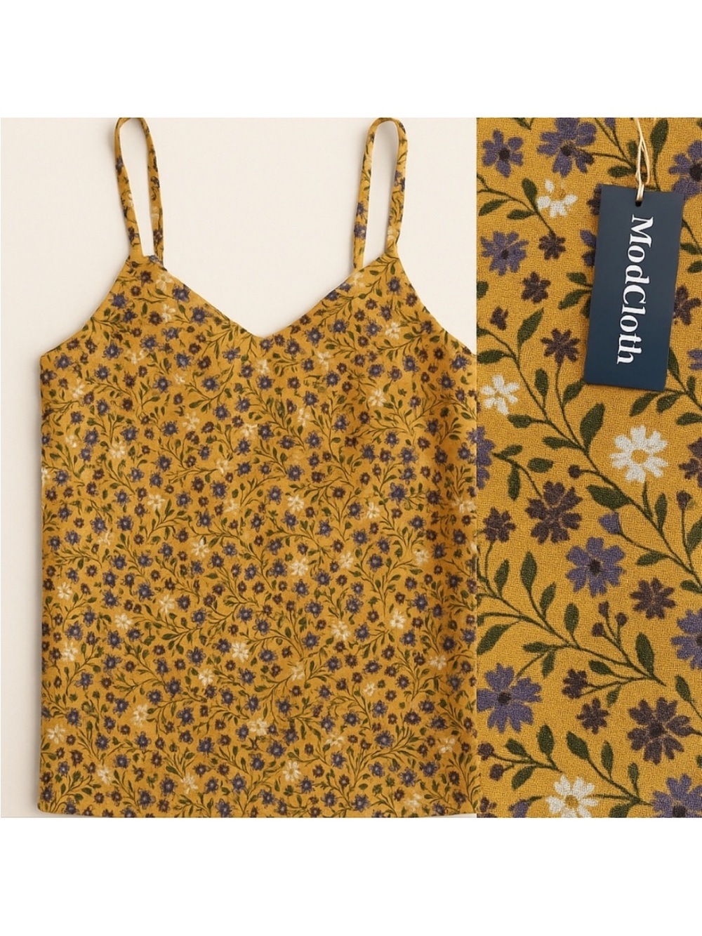 Modcloth Linen Blend Floral Spaghetti Strap Top Gold Purple - Picture 1 of 3